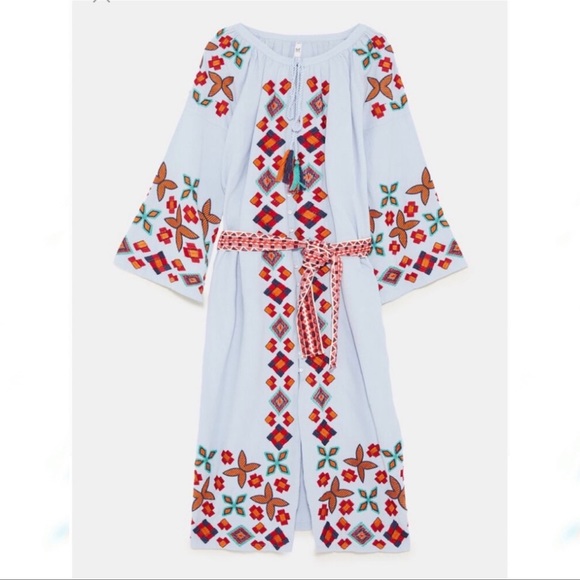 Zara Blue Embroidered Southwestern Midi Dress - Picture 3 of 10